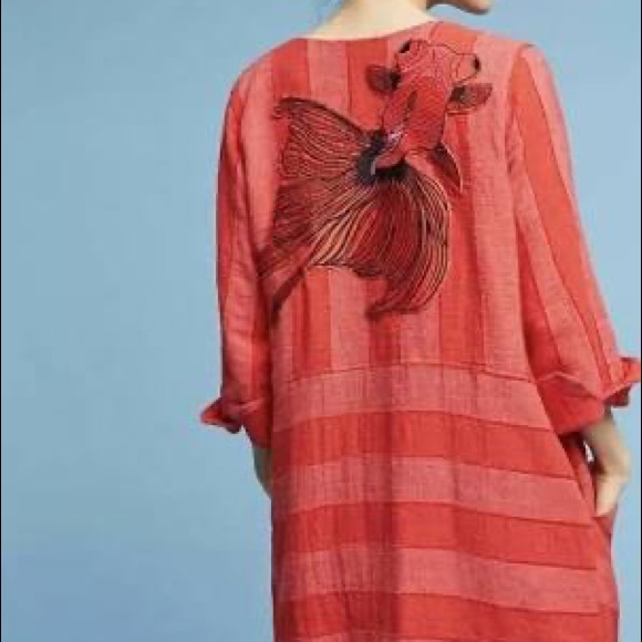 Eva Franco Anthropologie Pisces Fish Jacket Car Coat Linen Kimono - Picture 2 of 5